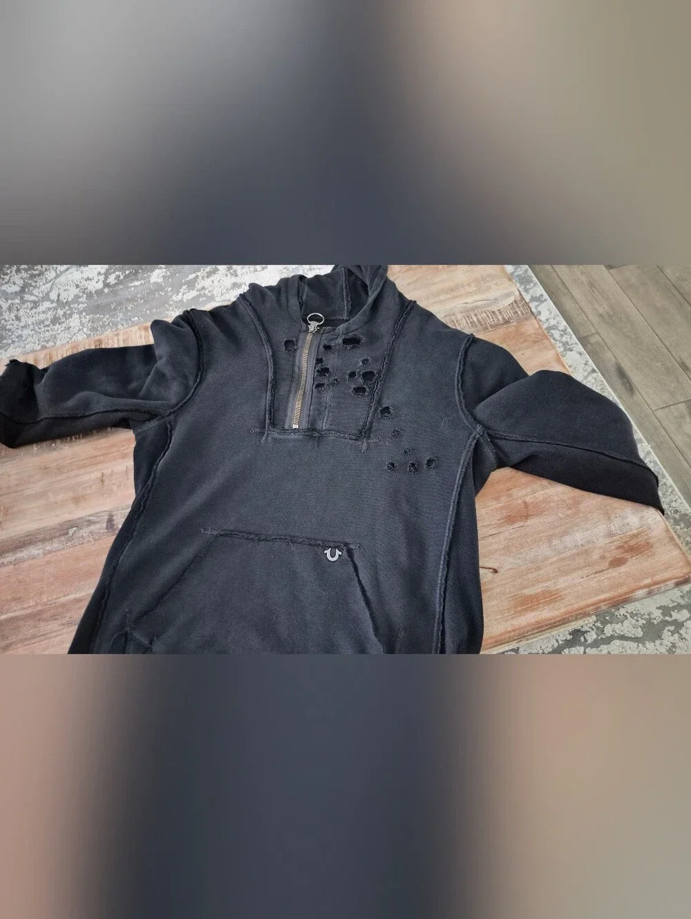 True Religion Distressed Half-Zip Hoodie Sweater Black Medium